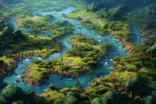 Aerial View Of Vibrant Rainforest With Meandering Waterways And Varied Wildlife. Generative AI
