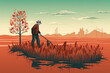 cartoon style of grandfather plowing a field