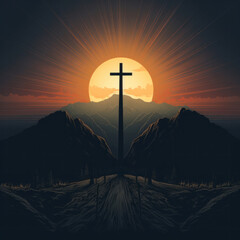 Wall Mural - Graphic illustration of cross in front of setting sun. Religion concept.