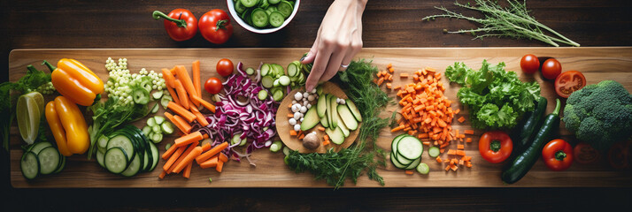 hands preparing a healthy, balanced meal, focus on slicing vegetables, hands, and knife, cheerful kitchen environment