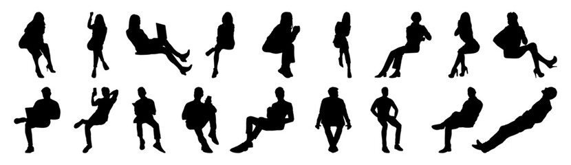 Wall Mural - Vector set of detailed people sitting silhouettes isolated on white background