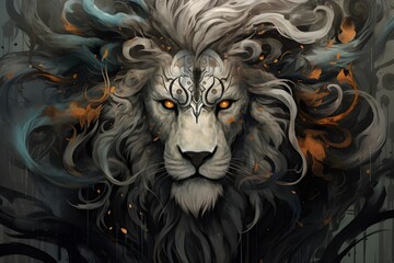 Colorful poster with lion portrait isolated on black background