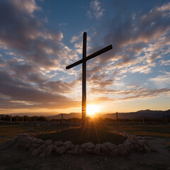 Wall Mural - Silhouette of christian cross on a hill. Sunset, golden hour. Religion concept.