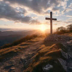 Poster - Silhouette of christian cross on a hill. Sunset, golden hour. Religion concept.