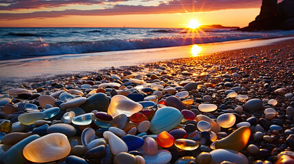 Sticker - Glass pebble beach sunset. A beautiful beach of and sea shells sea glass made of tumbled glass polished over time by the waves of the ocean into shining pebbles - Generative AI