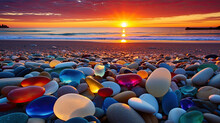Glass Pebble Beach Sunset. A Beautiful Beach Of And Sea Shells Sea Glass Made Of Tumbled Glass Polished Over Time By The Waves Of The Ocean Into Shining Pebbles - Generative AI