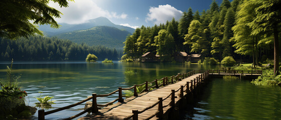 A wooden pier on the river, forest is a background