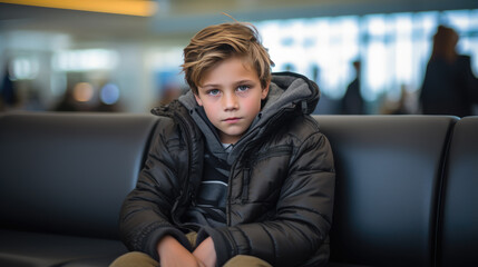 Poster - Portrait of a boy sitting on the seats in the airport