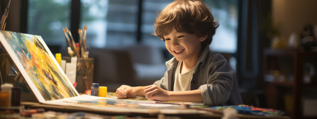 Wall Mural - Boy paints a picture with paints on canvas