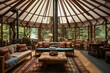 A stunning yurt interior with an abundance of windows, showcasing a cozy hearth and well-appointed furniture. Generative AI