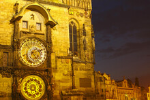 Night Lights Of The Astronomical Clock On The Old Town Hall In The Old Town Square Or Stare Mesto; Prague, Czech Republic