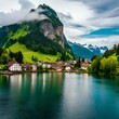 Scenic view of village Sisikon at lakeshore of lake Lucerne seen from viewpoint of Swiss path hiking trail on a cloudy spring day..AI generated