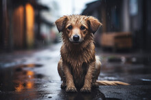 Stray Homeless Dog. Sad Abandoned Hungry Puppy Sitting Alone In The Street Under Rain. Dirty Wet Lost Dog Outdoors. Pets Adoption, Shelter, Rescue, Help For Pets