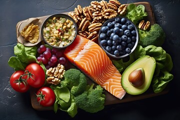 Healthy diet, nutrition food rich in vitamins and omega-3 concept, assorted fresh vegetables, green salad, fruit, fish salmon, nuts, blueberries