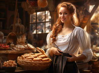 Canvas Print - woman with pastry trays and different breads and fresh bread