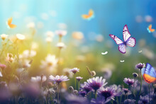 Beautiful Meadow With Wild Flowers And Butterflies