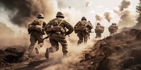 Soldiers running across the battlefield in World War 2. Explosions in the background.