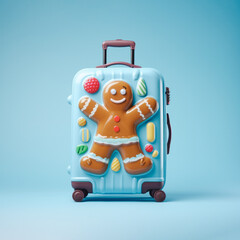 Wall Mural - Travel suitcase with Christmas gingerbread man motifs on a minimal pastel background. Creative concept for New Year's travel. Generative AI.