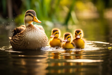 Cute Ducklings Follow Their Mom As They Paddle Gracefully Across The Sparkling Pond Creating A Heartwarming Scene 