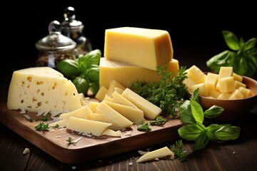 Wall Mural - Wooden Cutting Board with Assorted Cheese