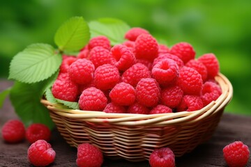 Wall Mural - Basket of Raspberries on Wooden Table