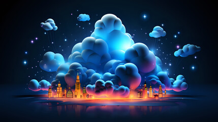 Poster - concept of information storage technologies in the cloud, a cloud illuminated with neon pink light above a model of a city or organization, innovation is already near us