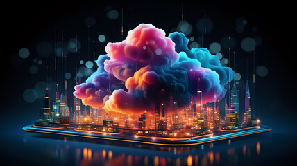Poster - concept of information storage technologies in the cloud, a cloud illuminated with neon pink light above a model of a city or organization, innovation is already near us