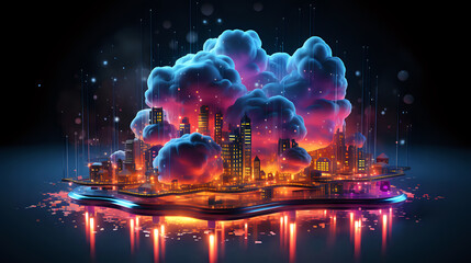 Poster - concept of information storage technologies in the cloud, a cloud illuminated with neon pink light above a model of a city or organization, innovation is already near us