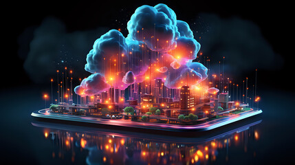 Poster - concept of information storage technologies in the cloud, a cloud illuminated with neon pink light above a model of a city or organization, innovation is already near us