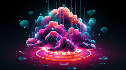 Poster - concept of information storage technologies in the cloud, a cloud illuminated with neon pink light above a model of a city or organization, innovation is already near us