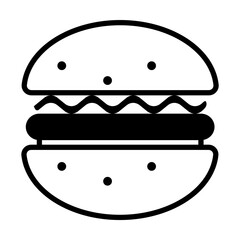 Sticker - Simple outline of delicious hamburger vector icon. Black line drawing or cartoon illustration of tasty meal on white background. Fast or junk food, diet, nutrition concept