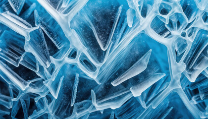 Blue ice crystals background. Frozen water macro view. Freeze surface, christmas banner, generated by AI