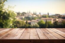 Empty Wooden Table Top, Blurred Italian Village Background. Wood Podium For Presentation Product. Horizontal Farm Banner, Generated By AI