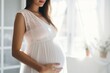 © SD Danver - Beautiful white pregnant woman stands at the window. Brunette pregnancy lady in white dress, holding hand on belly. Pregnancy banner, generated by AI