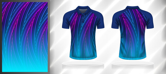 Vector sport pattern design template for Polo T-shirt front and back with short sleeve view mockup. Dark and light shades of blue with pink color gradient abstract line texture background.