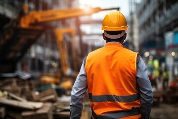 Wall Mural - A worker in an orange vest and helmet stands with his back and looks at the operation of the crane. Street worker, generated by AI