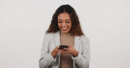 Aufkleber - Phone, comedy and happy woman laugh in studio at funny, joke or silly text message on white background. Smartphone, app and lady model smile for social media, post or meme comment gif communication