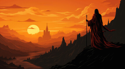 Wall Mural - A man with a staff stands in the goraz and looks at the magnificent city in the distance at sunset, AI