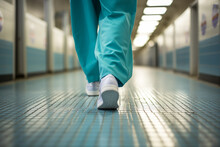 Close Up Generative AI Image Of A Man In A Lab Coat And Footwear Walking Down A Hallway