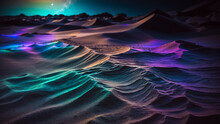 Colorful Neon Iridescent Desert Sand, Space And Stars Abstract Background In A Dark Moonlit Scene