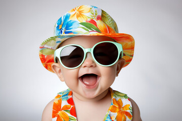 photography of adorable beautiful positive baby wearing colorful stylish panama and summer glasses h