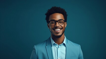 Wall Mural - Young african american man in eyeglasses on blue background