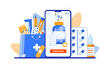 Fototapeta Tulipany - Online pharmacy illustration with medical elements: syringe, thermometer, pills, ointment, pipettes, mercury and electronic thermometers, cough syrup, inhaler, ampoules, anti-stuffy nose.