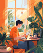 Remote Worker on computer at home surrounded by plants illustration