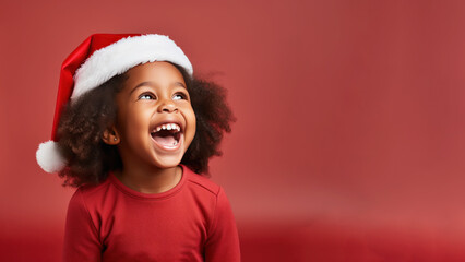 Wall Mural - African girl smile in santa claus red hat, Christmas background design