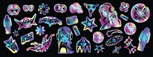 Holograph U2k Sticker Set, Vector Hologram Cyber Holo Icon Pack, Space Neon Foil Retro Acid Badge. Futuristic Vintage Stars, Hype CD Effect Tag, Trippy Woman Portrait Clipart. Metal Holograph Sticker