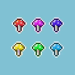Poster - Pixel art sets of poisonus mushroom with variation color items asset. simple bits of mushroom plant on pixelated style.8bits perfect for game asset or design asset element for your game design asset