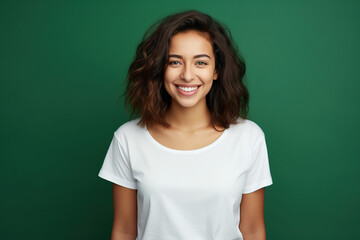 Poster - Young smiling caucasian woman wearing blank white t-shirt isolated on a green background. AI