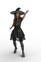 Wall Mural -  Pretty woman in whimsical Halloween witch costume reacing a hand up to the sky. Isolated 3D illustration.