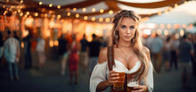 Oktoberfest Tradition. Waitress wearing traditional clothes and holding beers at the festival. Sunset. German culture and celebration concept. AI Generative	
